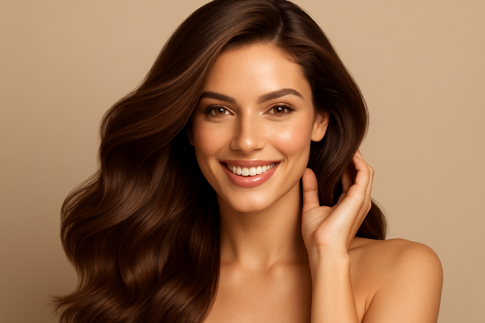 show a pretty girl advertising her brown hair